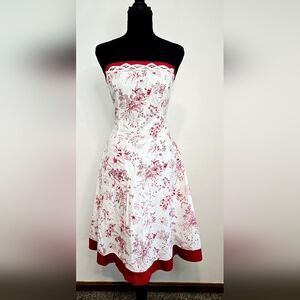 Strapless White and Red Floral A-Line Dress Cottagecore Coastal Grandma Preppy